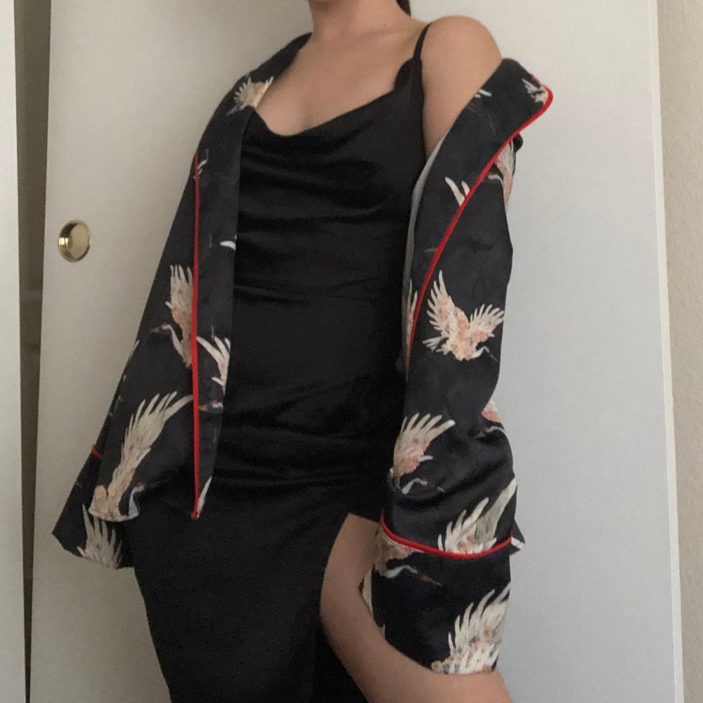 satin crane button-up top